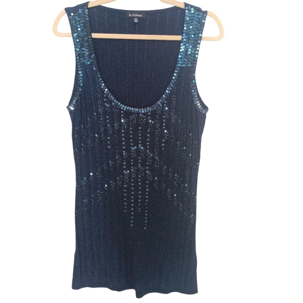 Le Chateau Tank Top Womens XXL Blue Metallic Sequin Beaded Shimmer Ribbed Knit